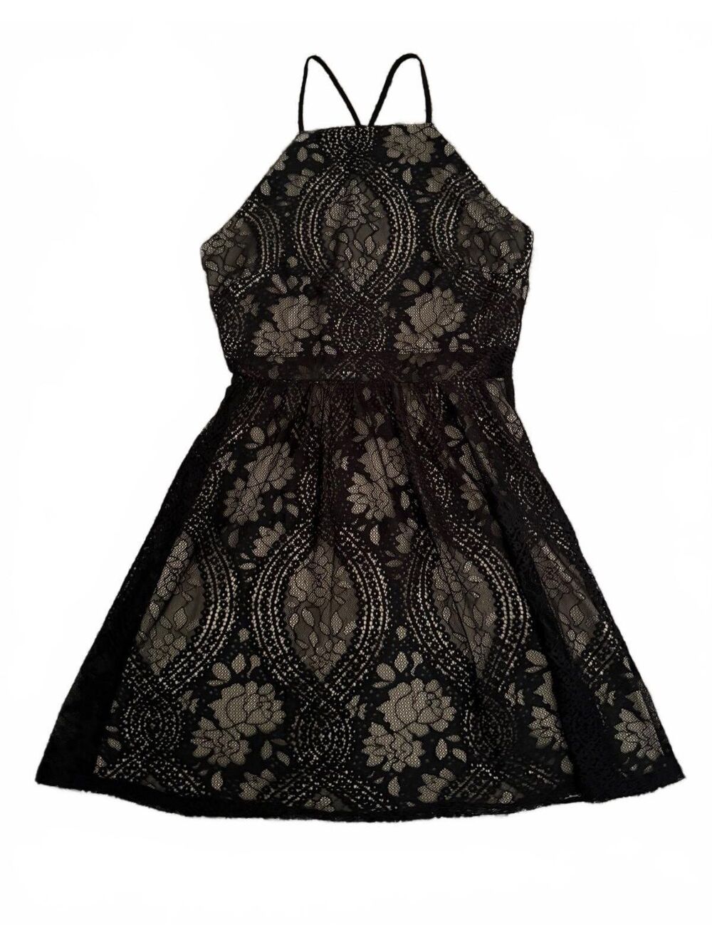 Francesca’s Dress Size Medium Black Tan Fringe Flare Sleeveless Lace Cottage